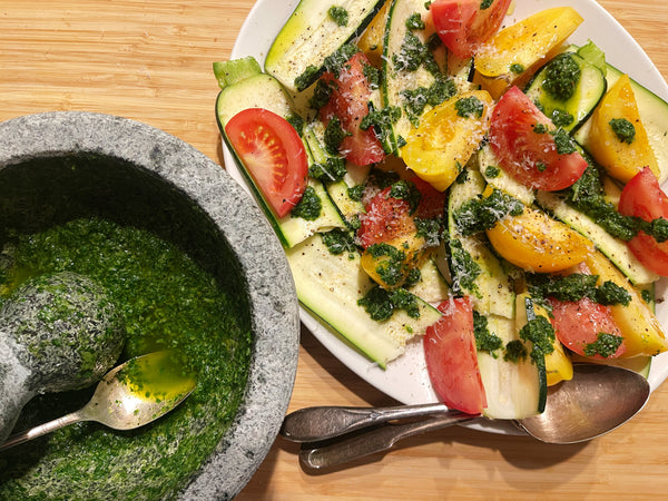 Shaved Zucchini and Tomato Salad with Pesto and Cracked Pepper